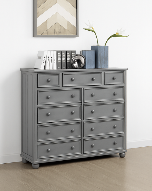 Dillon 11-Drawer Large Dresser in White, Gray