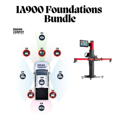 ADAS Depot IA900 Foundations Bundle graphic with frame and marked diagram of what it can fix on a vehicle