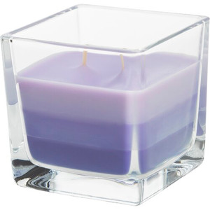 Dreifarbige Duftkerze, quadratisches Glas, Duft: Violett, 32 Stunden Brenndauer Dreifarbige Duftkerze, quadratisches Glas, Duft: Violett, 32 Stunden Brenndauer