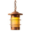 A nautical, streamlined art deco chain pendant lamp or lantern with a raw copper finish and golden glass. 