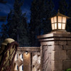 A classic, traditional sloped-roof column mounted pier light fixture with crown molding accent, an aged bronze finish and warm white glass installed in a luxurious backyard on a stone wall. 
