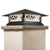 A classic, traditional sloped-roof column mounted pier light fixture with crown molding accent, a black finish and white glass. 