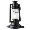 A rustic reproduction of a 19th-century, Dietz cold blast column mounted pier light from the frontier days of the Wild West with a black finish and frosted shade. 