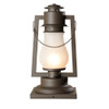 A rustic reproduction of a 19th-century, Dietz cold blast column mounted pier light from the frontier days of the Wild West with a bronze finish and frosted shade. 