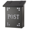 A vertical brass mailbox with a black finish, glass corner accents and the word 'post' backed by glass. 