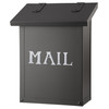 A classic, solid brass, vertically oriented mailbox with a black finish and the word mail backed by glass. 