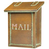 A classic, solid brass, vertically oriented mailbox with an aged patina finish and the word mail backed by glass. 