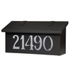 A classic, solid brass, horizontal mailbox with a black finish and glass-backed house address numbers. 