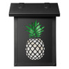 A solid brass, vertical  mailbox with a satin black finish and a glass-backed pineapple silhouette.