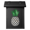 A solid brass, vertical  mailbox with a satin black finish and a glass-backed pineapple silhouette. 