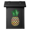 A solid brass, vertical  mailbox with a satin black finish and an iridescent-glass-backed pineapple silhouette. 