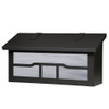 A brass mailbox with a black finish, white glass and a cloud lift design across the front.