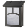 A brass vertical mailbox with a black finish, white glass and an arch design on the front panel.