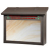 A large brass mailbox with a bronze finish and warm toned glass with red and green accents.