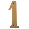 A brass cutout of the number one with an aged patina verdigris finish to be used as a house address number. 