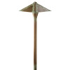 Rustic pyramid pathway light in weathered bronze finish featuring triangular shade with visible riveted detailing and natural patina development. American-made landscape fixture with industrial design elements ideal for contemporary property outdoor lighting 