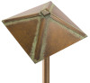 Pyramid pathway light displaying natural copper patina with geometric shade featuring distinctive corner detailing and weathered finish development. American-made landscape fixture with angular design elements ideal for upscale contemporary property applications 
