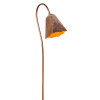 Copper pathway light featuring natural patina finish and warm interior accent with distinctive gooseneck silhouette for upscale property installations. American-made landscape fixture with conical shade designed for contemporary outdoor lighting applications 
