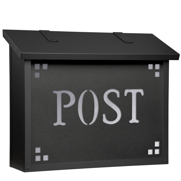 A large brass mailbox with a black finish, glass corner accents and the word 'post' backed by glass. 