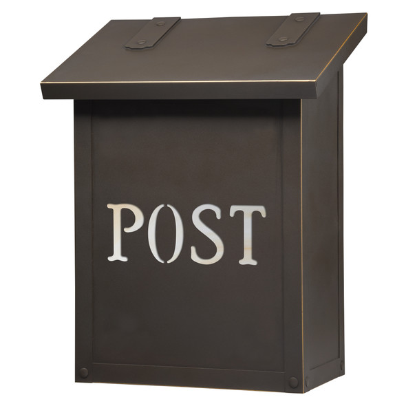 A classic, solid brass, vertically oriented mailbox with a bronze finish and the word post backed by glass. 