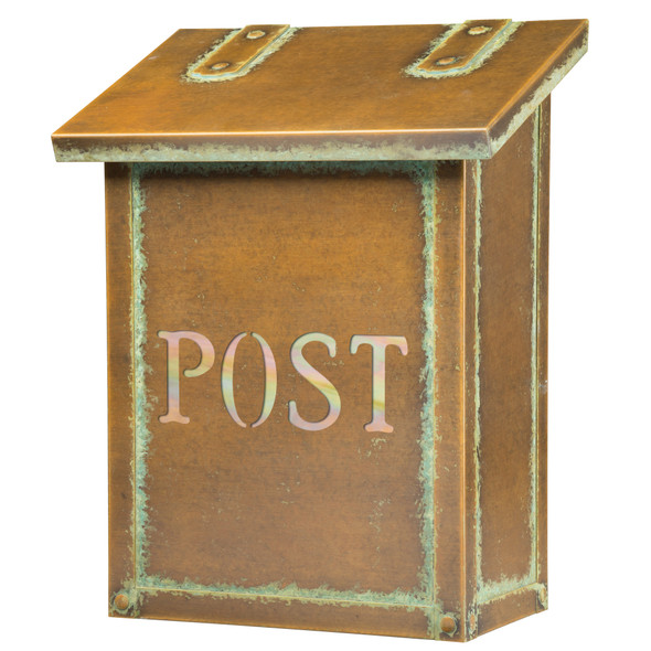 A classic, solid brass, vertically oriented mailbox with an aged patina finish and the word post backed by glass. 