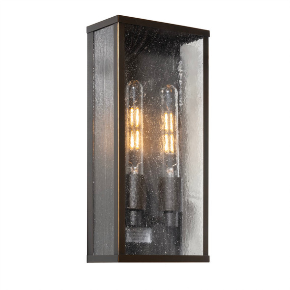 Large contemporary rectangular wall sconce by America's Finest featuring dual Edison bulbs and seeded glass panels with bronze finish, designed for modern property entrances and statement lighting. 