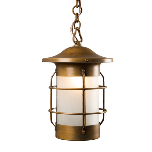 A nautical, streamlined art deco chain pendant lamp or lantern with an aged brass finish and bubbly white glass. 