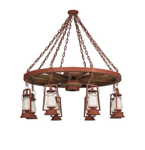 A wagon wheel chandelier made with eight rustic reproductions of a 19th-century, Dietz hot blast lanterns hanging from the wheel. The lanterns feature a painted rust finish and frosted shades. 