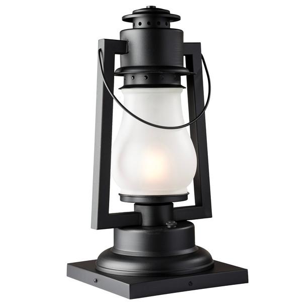 A rustic reproduction of a 19th-century, Dietz cold blast column mounted pier light from the frontier days of the Wild West with a black finish and frosted shade. 