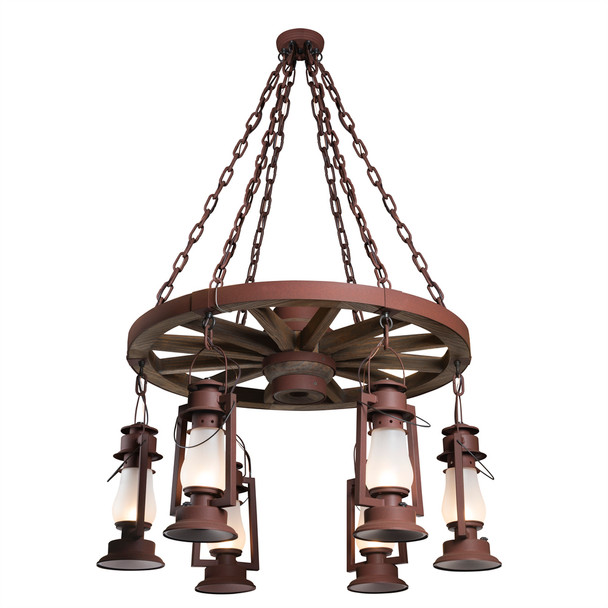 A wagon wheel chandelier made with six rustic reproductions of a 19th-century, Dietz cold blast pendant lanterns. The lanterns look like they're from the frontier days of the Wild West with a rusted finish and frosted shades.