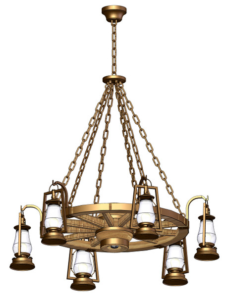 A 3D rendering of a wagon wheel chandelier made with six rustic reproductions of a 19th-century, Dietz cold blast scroll-mounted lanterns. The lanterns look like they're from the frontier days of the Wild West.