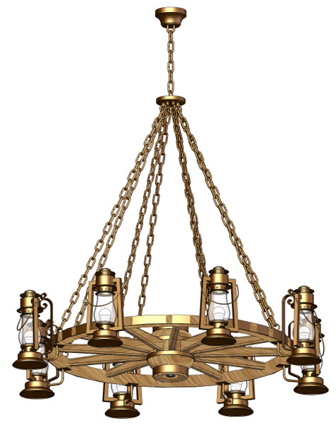 A 3D rendering of a wagon wheel chandelier made with eight rustic reproductions of a 19th-century, Dietz cold blast scroll-mounted lanterns. The lanterns look like they're from the frontier days of the Wild West.