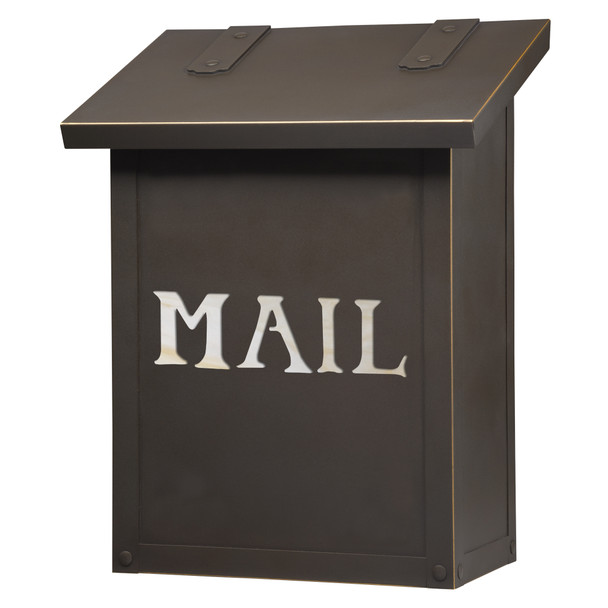 A classic, solid brass, vertically oriented mailbox with an oil rubbed bronze finish and the word mail backed by glass. 