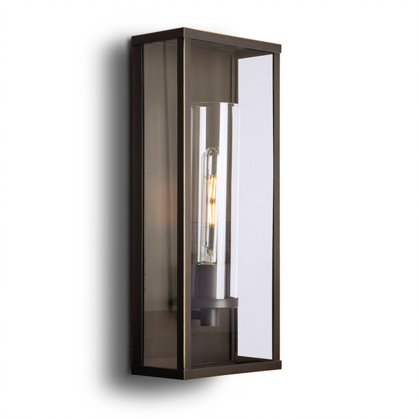 Contemporary tall rectangular wall sconce by America's Finest featuring open-frame design with clear glass cylinder and bronze finish, ideal for modern property entrances and vertical lighting emphasis. 