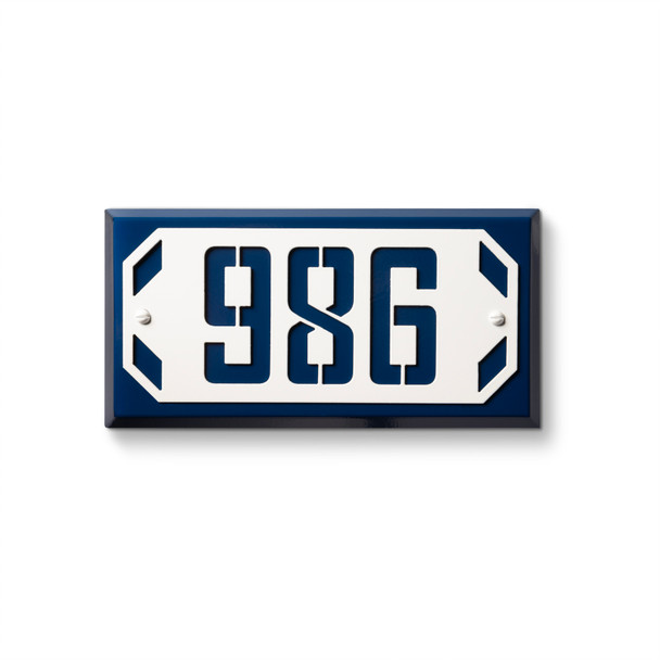 Modern address sign in navy blue finish with white background featuring bold cut-out numerals "936" and geometric corner accents. Contemporary metal plaque with octagonal design elements perfect for upscale property identification 
