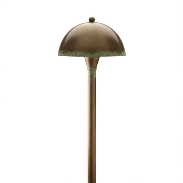 Contemporary dome pathway light in bronze finish featuring 6-inch hemispheric shade with green patina accent trim and cylindrical stem. American-made landscape fixture with classic dome design ideal for modern property walkway lighting applications 