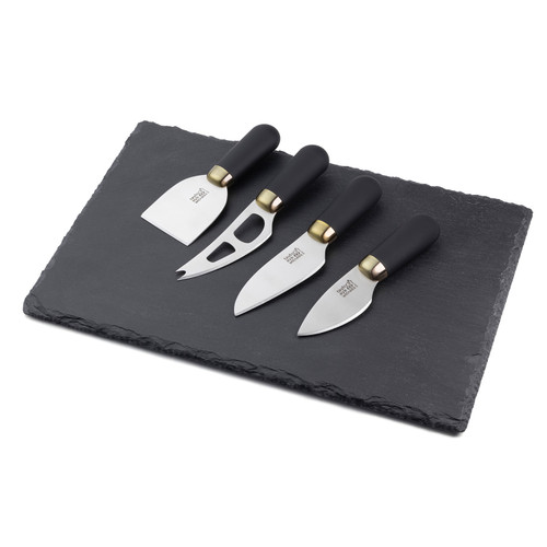 Taylors Eye Witness Brooklyn Brass 4 Piece Cheese Knife & Slate Board Set