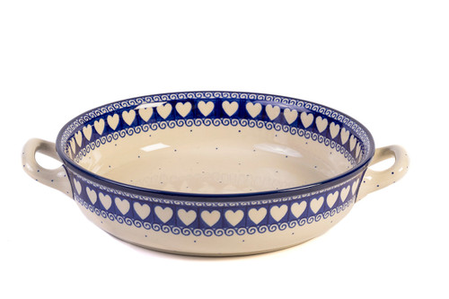 Polish Pottery Round Oven Dish with Handles Large - Light Hearted