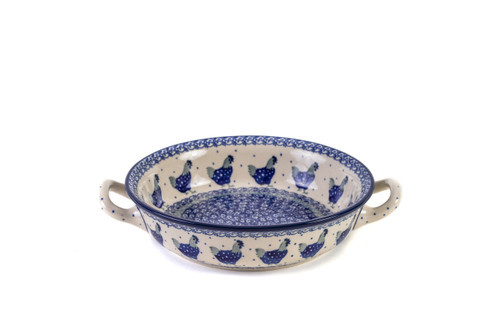 Polish Pottery Round Oven Dish with Handles Small - Blue Hen Polish Pottery Round Oven Dish with Handles Small - Blue Hen