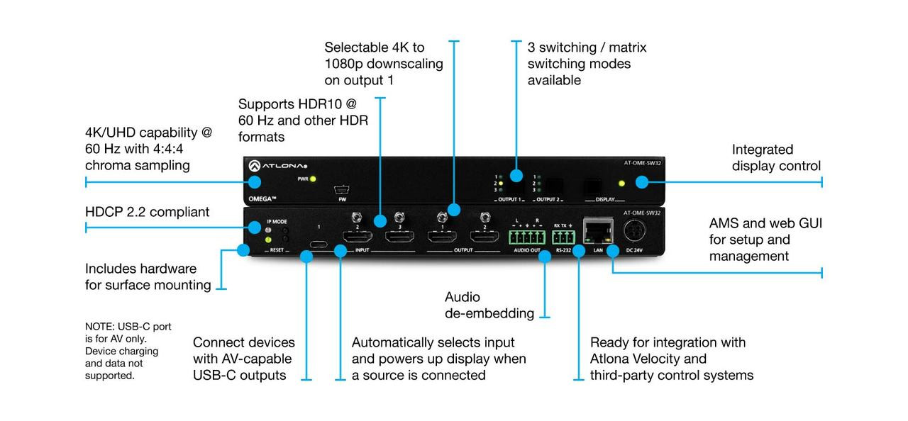 Atlona Omega 3x2 HDMI & USB-C Matrix Switcher