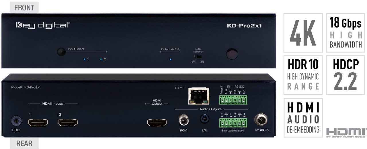 Key Digital KD-Pro2/4x1 4K 18G HDMI Switcher with Digital Coaxial & Analog Audio De-Embedded Output