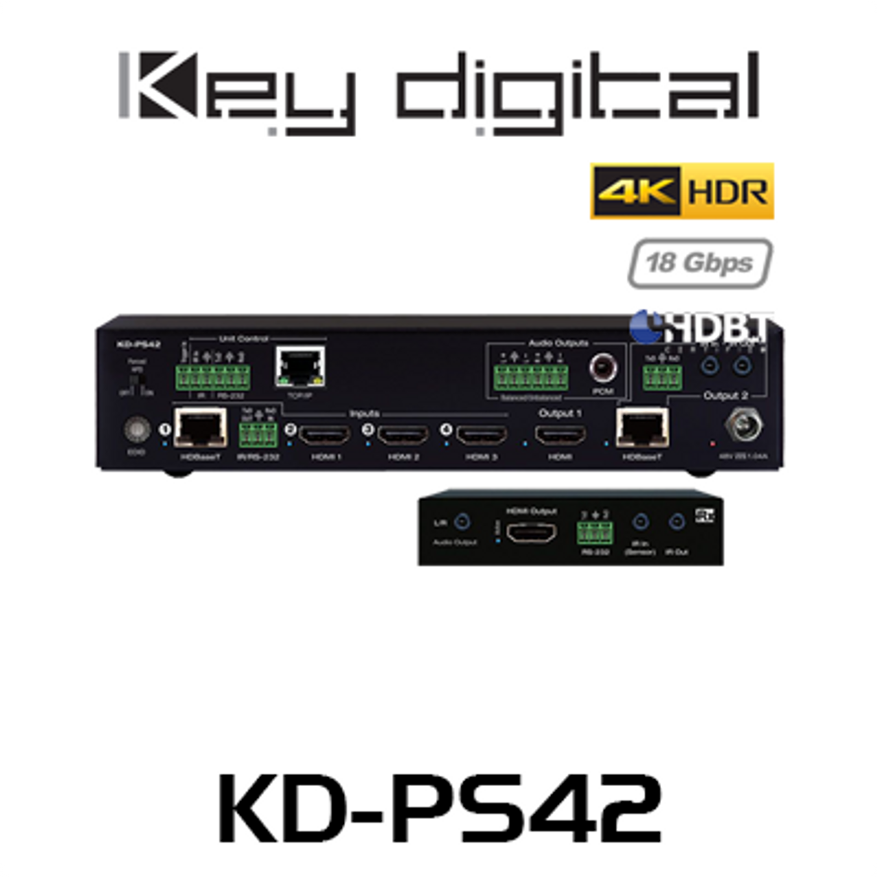 Key Digital KD-PS42 4x2 4K 18G HDBaseT Presentation Switcher with Audio De-Embedding + Receiver
