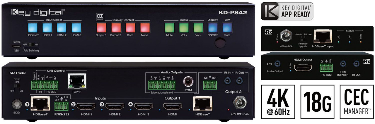 Key Digital KD-PS42 4x2 4K 18G HDBaseT Presentation Switcher with Audio De-Embedding + Receiver