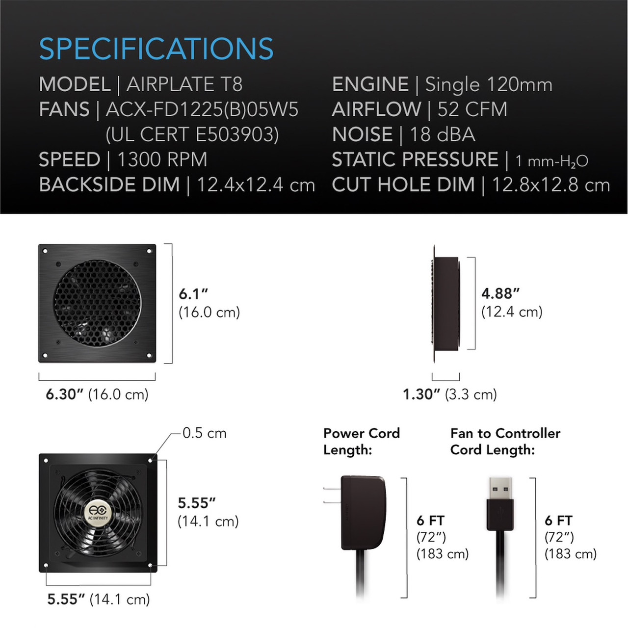 AC Infinity Airplate T8 Two 6" AV Cabinet Cooling Fan Kit