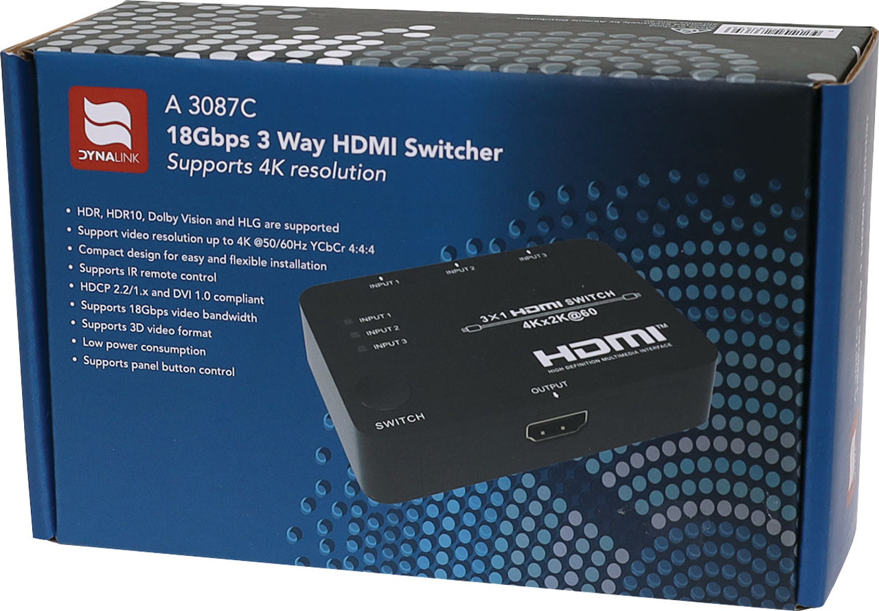 Dynalink 3 Way 4K HDMI 2.0 Switcher with Remote Control