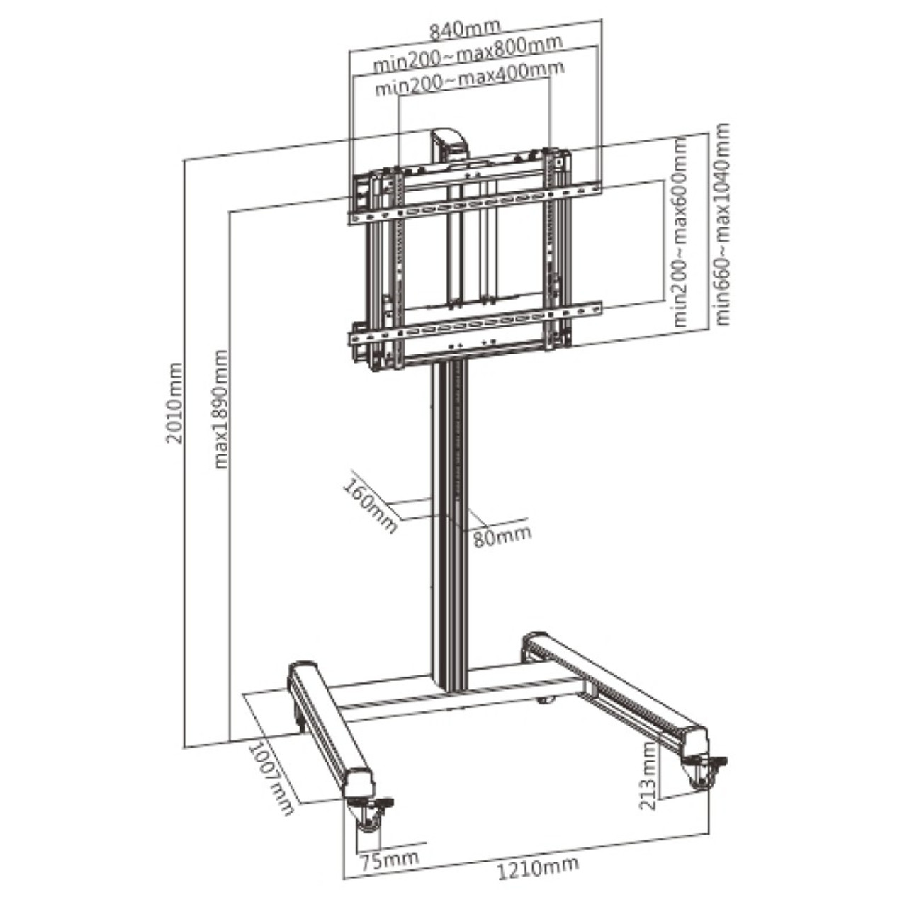 Quantum Sphere 55"-75" Heavy Duty Height Adjustable Mobile AV Trolley With Counterbalanced Design (60kg Max)