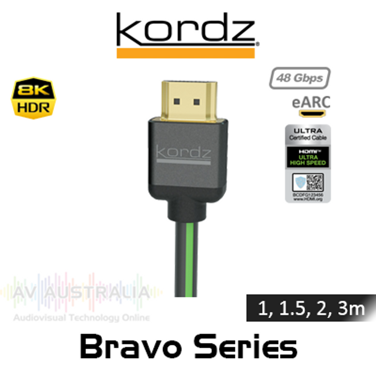 Kordz Bravo Series 8K 48Gbps Dynamic HDR Ultra High Speed Certified HDMI Cables (1, 1.5, 2, 3m)