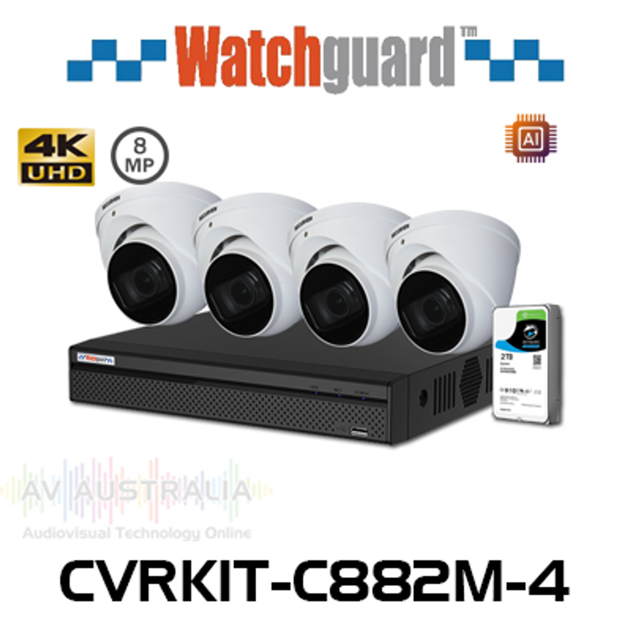 WatchGuard Compact 4 x 8MP Motorised Outdoor HDCVI Dome Camera with 2TB AI DVR Surveillance Kit