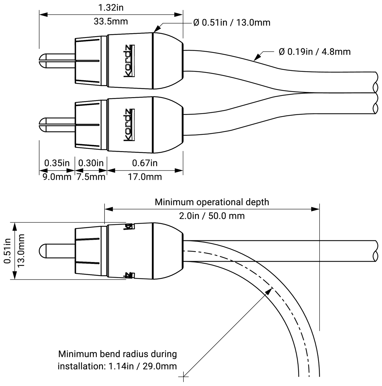 Kordz Pro3 Series 55 ohm Twin RCA Cables (0.5-5m)