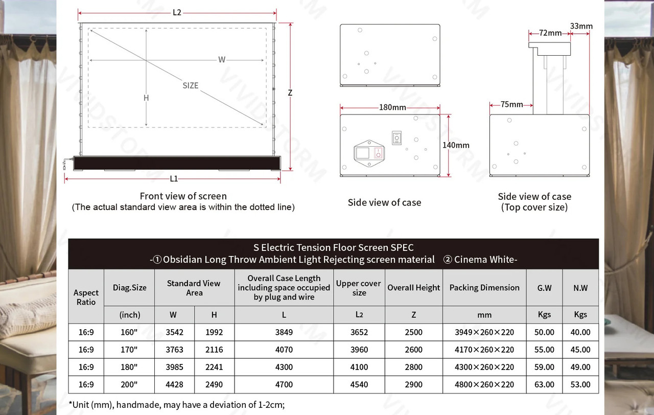 Vividstorm Titan Tab-Tension Floor Rising Motorised Projection Screens (160" - 200")